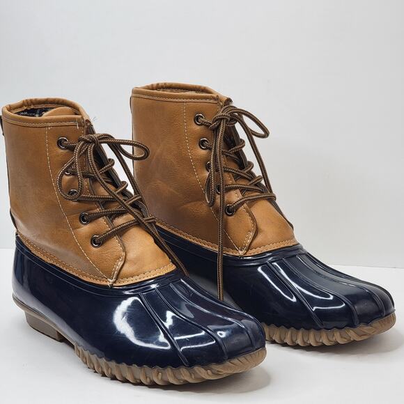 Charles Albert Duck Boots Women 9M Fleece Line Lace Up Tan Blue Winter Snow Rain - Picture 2 of 14